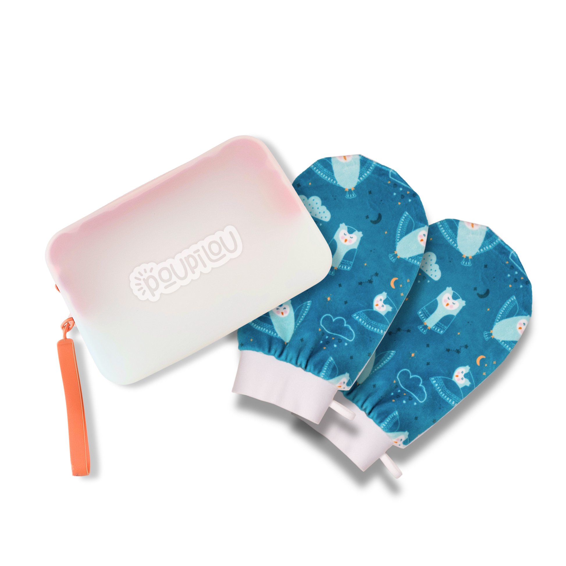 ensemble mitaine bain poupilou silicone hibou
