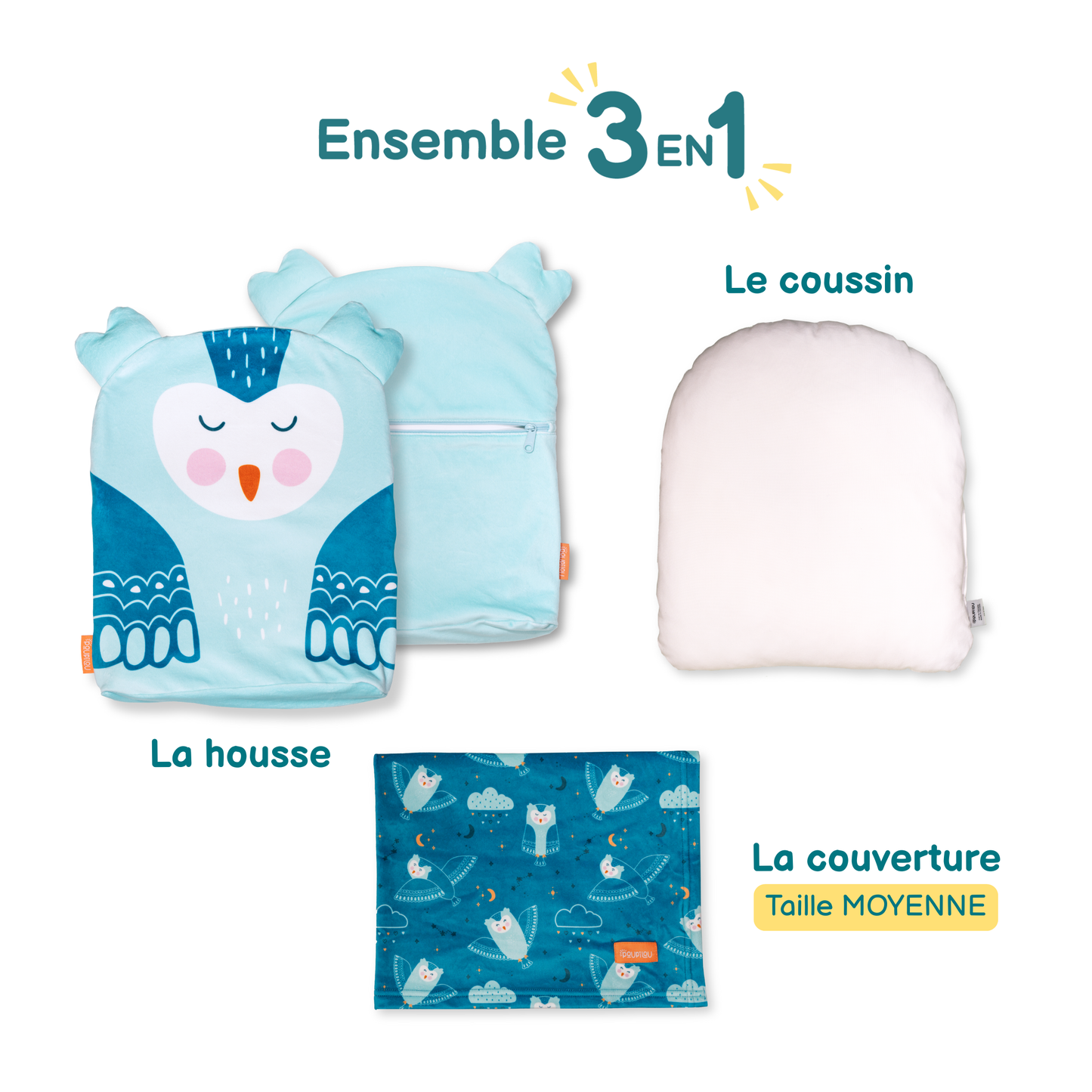 Peluche couverture 3 en 1 - Hibou (couverture moyenne)
