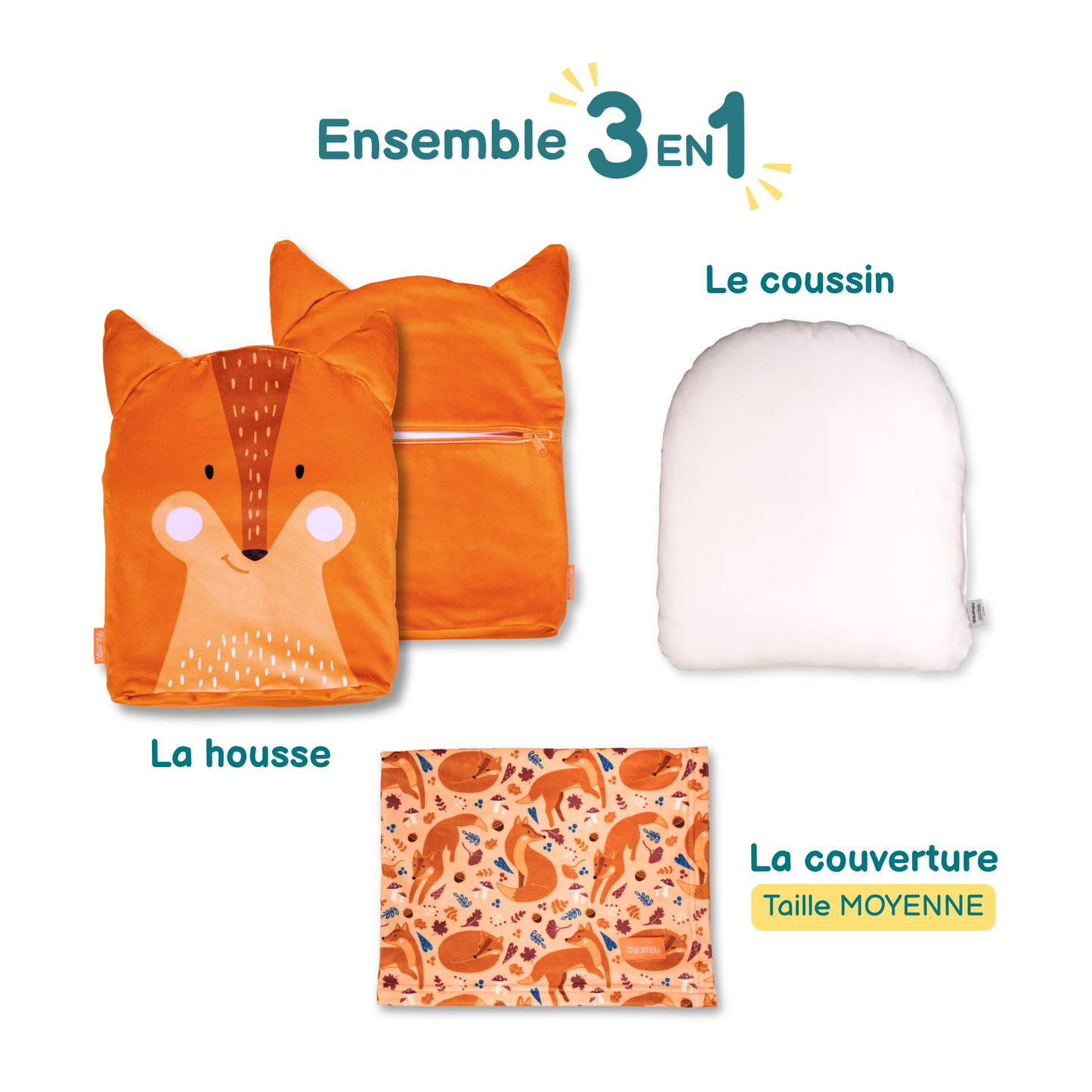 Peluche couverture 3 en 1 - Renard (couverture moyenne)